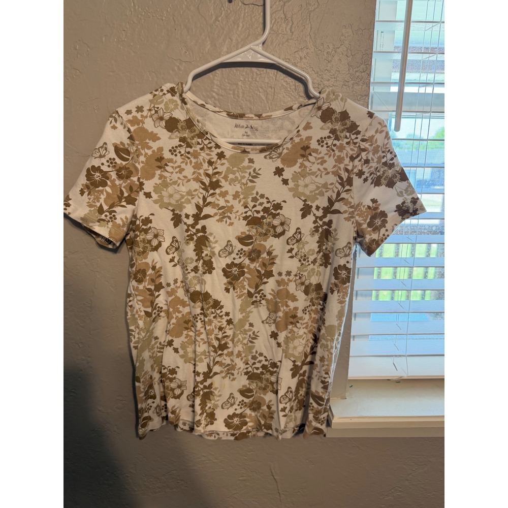 White Stag Womens Floral Butterfly Cotton T-Shirt Brown Tan Botanical Print M